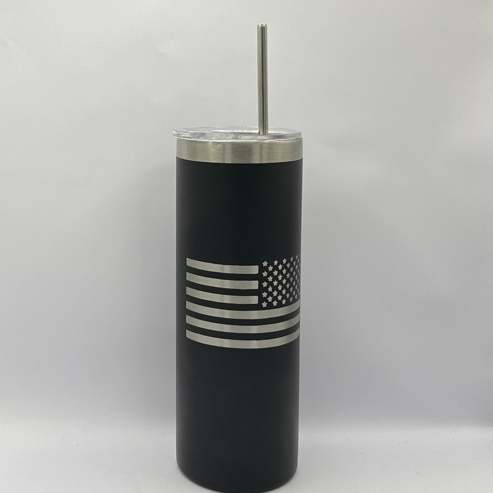 Americana Patriotic backwards Flag black engraved 20 ounce skinny tumbler, flag